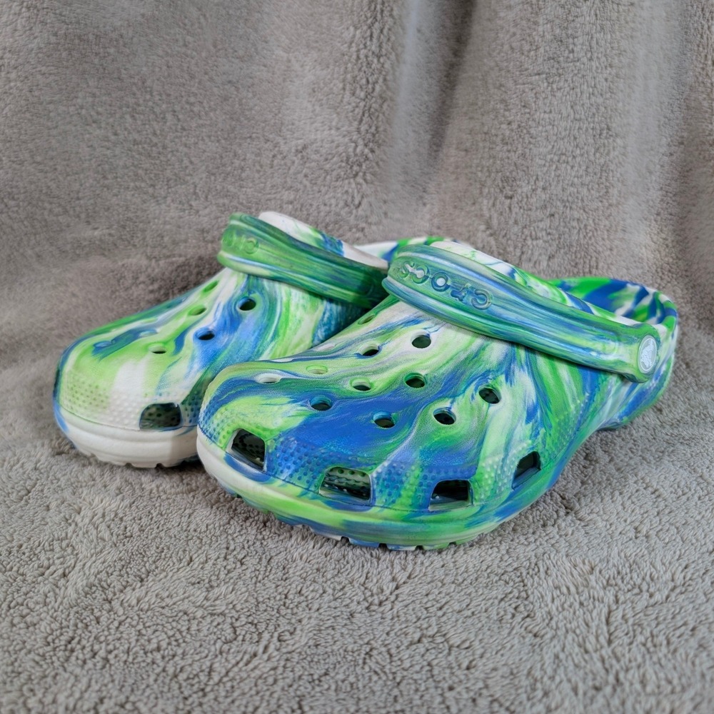Crocs Kids Size 5 Marbled Clog Blue Green White Swirl Shoes Glow in the Dark